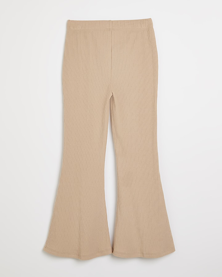 Girls beige ribbed seam front flared trousers