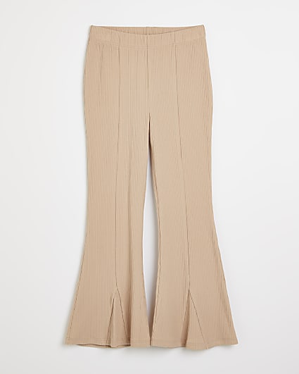 Girls beige ribbed seam front flared trousers