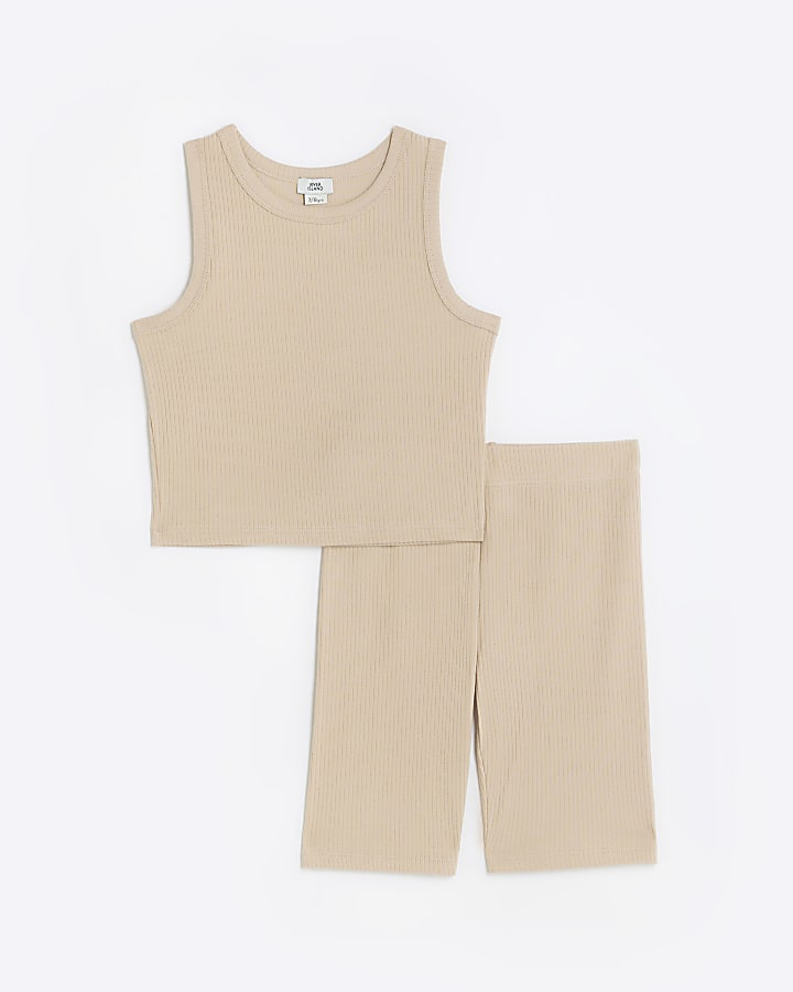 Girls beige ribbed top and cycling shorts set