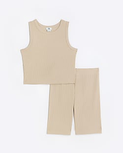 Girls beige ribbed top and cycling shorts set
