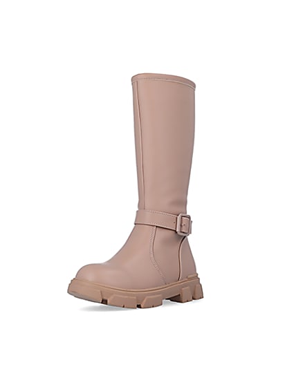 360 degree animation of product Girls Beige Rubberised Buckle Calf Boots frame-0