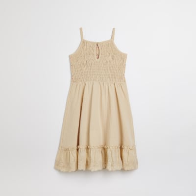 Girls beige shirred stripe dress
