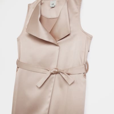 Girls beige sleeveless tie waist satin blazer