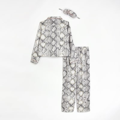 Girls Beige Snake Print Satin Pyjama set