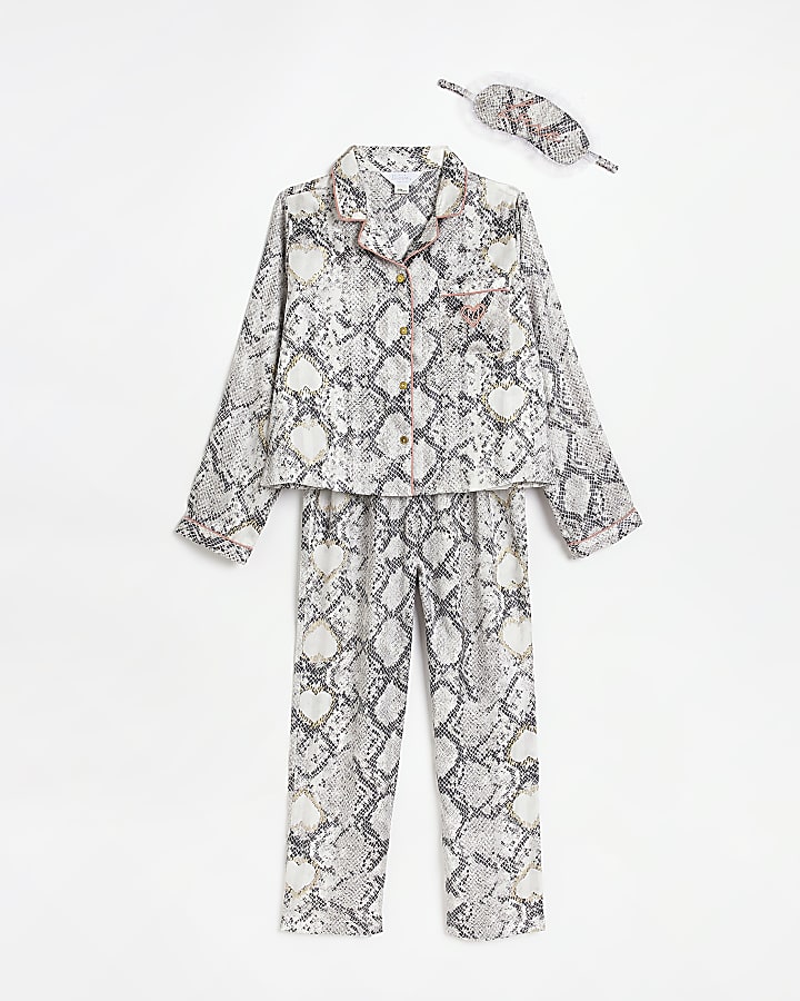 Girls Beige Snake Print Satin Pyjama set