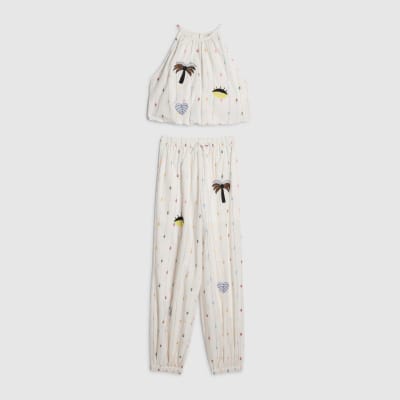 Girls Beige Stripe Embroidered Hareem Top Set