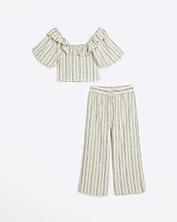 Girls beige stripe linen top and trousers set