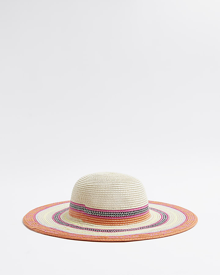 Girls beige stripe straw hat