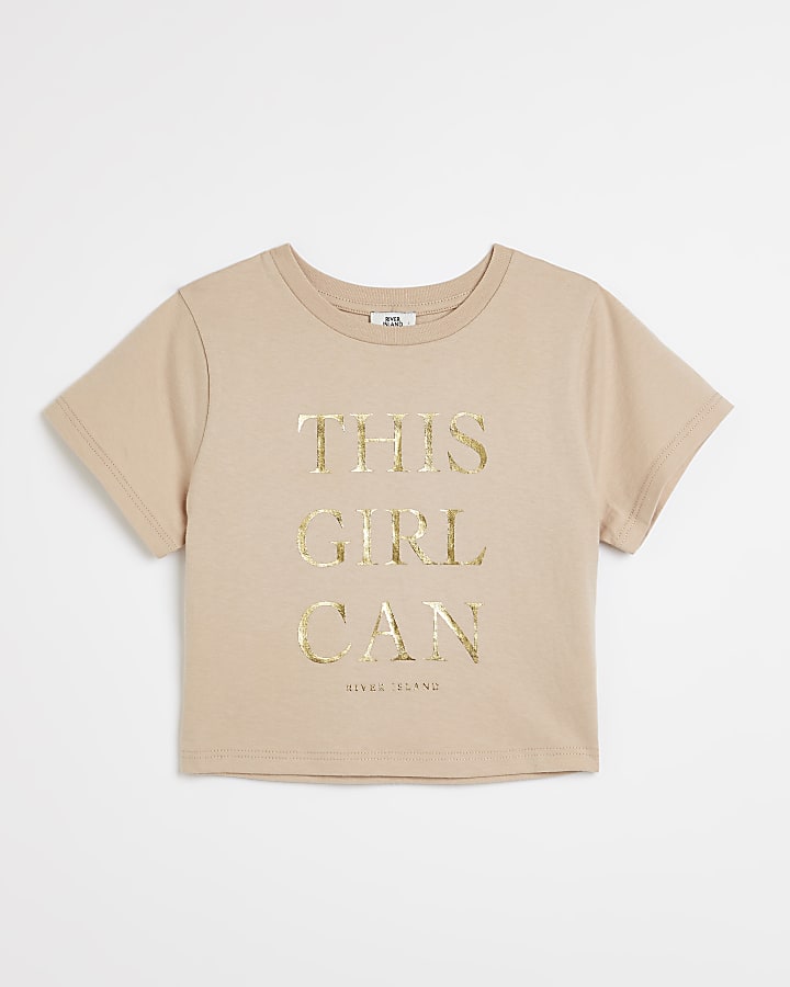 Girls beige 'This Girl can' cropped t-shirt