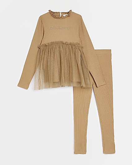 Girls Beige Tulle Hem Ribbed outfit