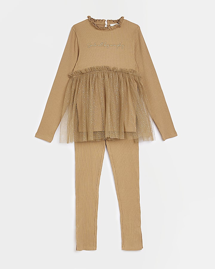 Girls Beige Tulle Hem Ribbed outfit