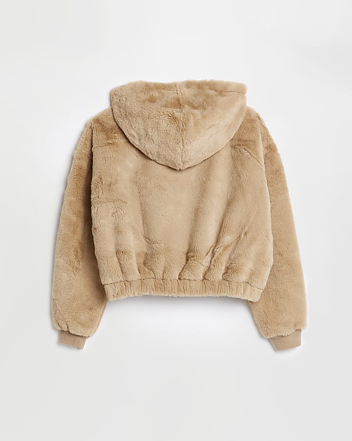 Girls beige 'Whatever' faux fur hoodie