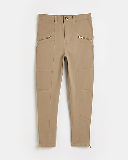 Girls beige zip detail trousers