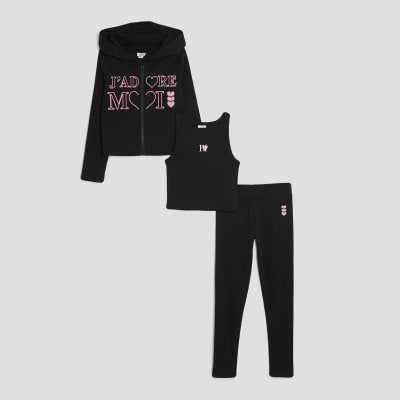 Girls Black Piece Hoodie and Leggings Set River Island