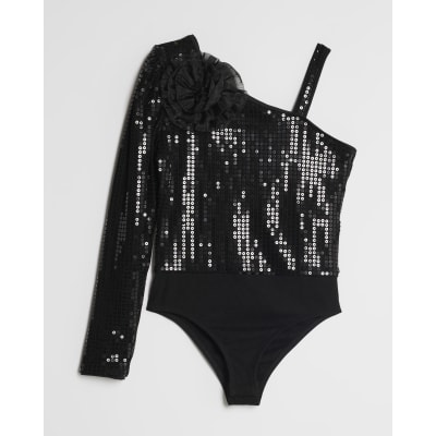 Girls Black 3D Flower Sequin Bodysuit