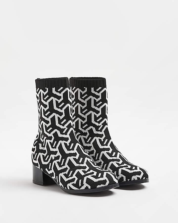 Girls Black Abstract Heeled sock Boots