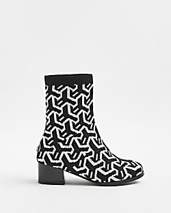 Girls Black Abstract Heeled sock Boots