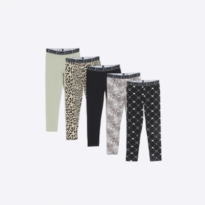 Girls black animal print leggings 5 pack