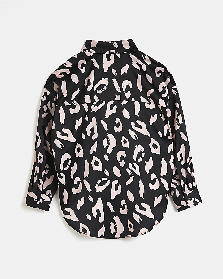 Girls black animal print satin shirt