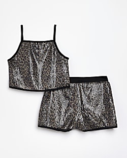 Girls Black Animal print Sequin outfit