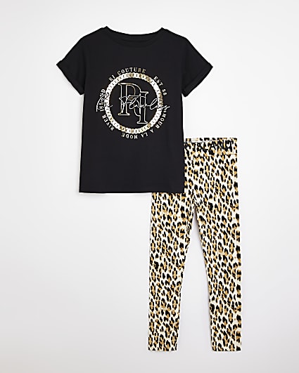 Girls Black Animal T-shirt and leggings set