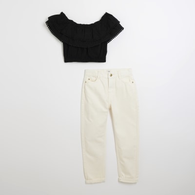 Girls Black Bardot Top Mom Jeans and top Set River Island