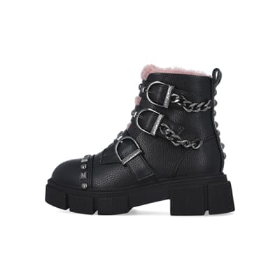 360 degree animation of product Girls Black Borg Lined Buckle Boots frame-4