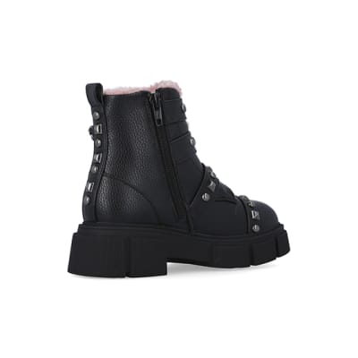 360 degree animation of product Girls Black Borg Lined Buckle Boots frame-13
