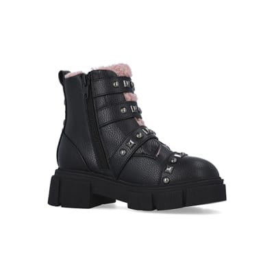 360 degree animation of product Girls Black Borg Lined Buckle Boots frame-17