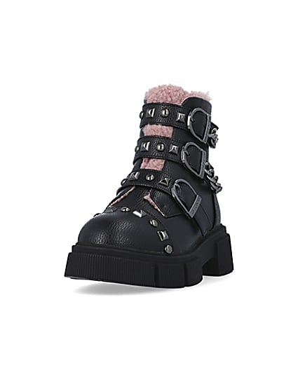 360 degree animation of product Girls Black Borg Lined Buckle Boots frame-23