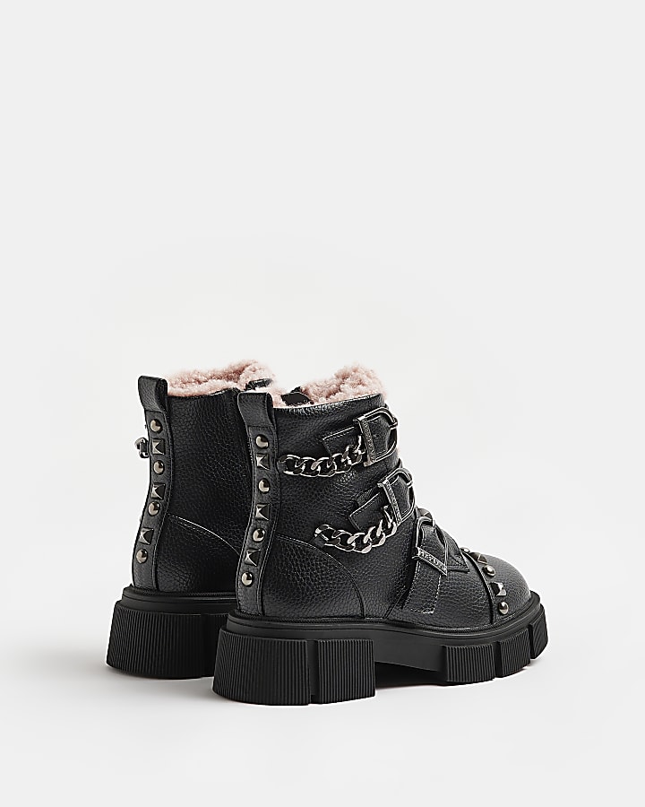Girls Black Borg Lined Buckle Boots