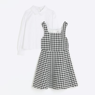 Girls Black Boucle Check Pinafore Set River Island