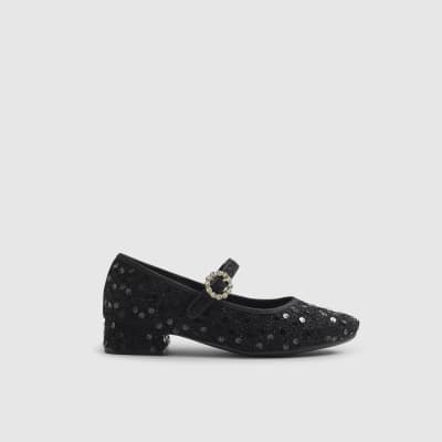 Girls Black Boucle Heeled Mary Jane Shoes