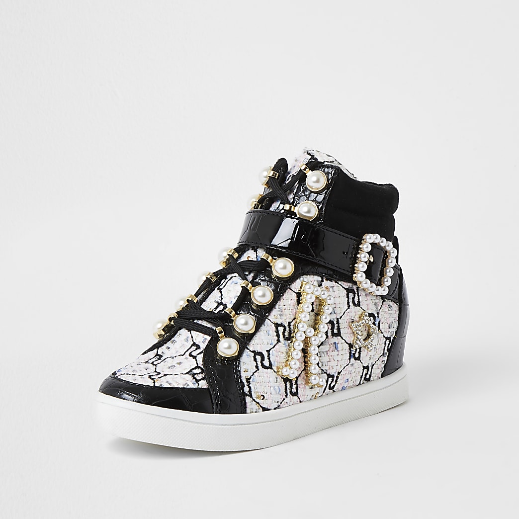 black boucle hi top trainers | River Island Girls black pearl monogram hi top