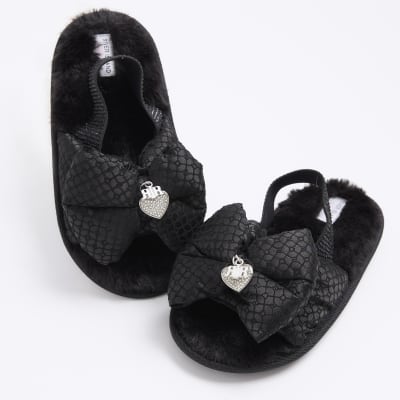 Girls Black Bow Embellished Monogram Slippers River Island