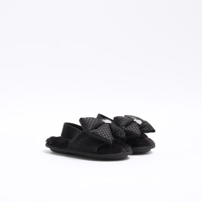 Girls Black Bow Embellished Monogram Slippers River Island