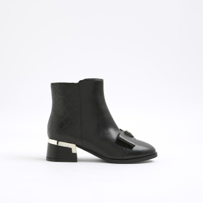 Girls Black Bow Front Heeled Boots