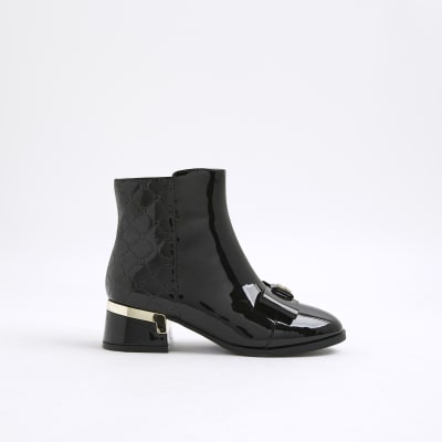 Girls Black Bow Front Heeled Boots