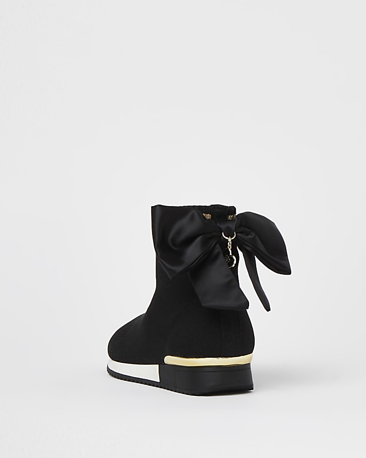 Girls black bow knit high top trainers