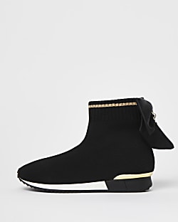 Girls black bow knit high top trainers