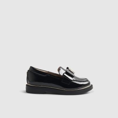 Girls Black Bow Loafer Shoes