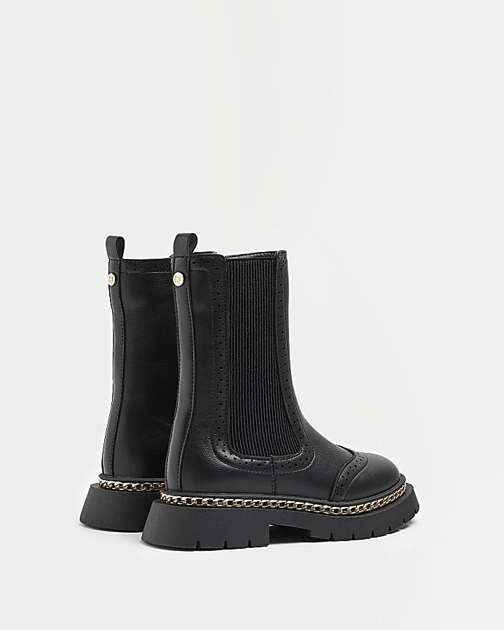 Girls Black Brogue style Chelsea Boots