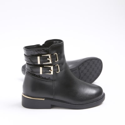 Girls black buckle boots River Island