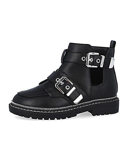 360 degree animation of product Girls black buckle boots frame-2