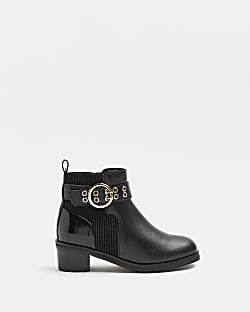 Girls black buckle heeled chelsea boots