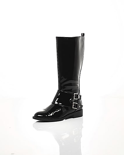 360 degree animation of product Girls black buckle patent knee high boots frame-0