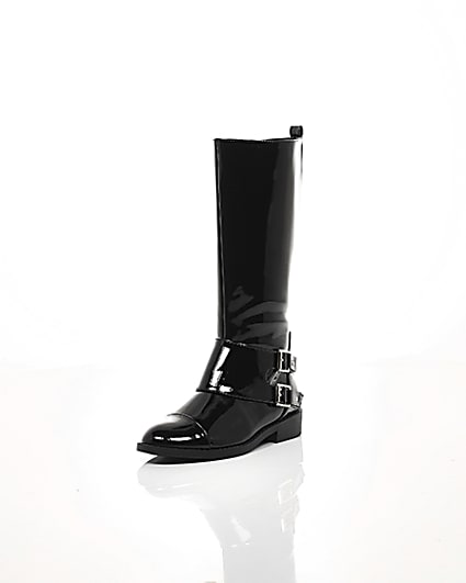 360 degree animation of product Girls black buckle patent knee high boots frame-1