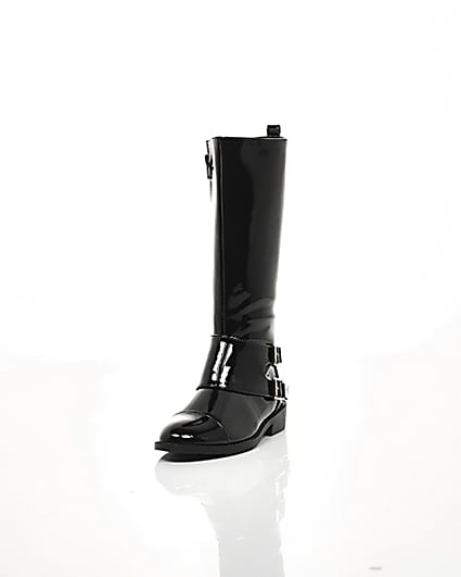 360 degree animation of product Girls black buckle patent knee high boots frame-2