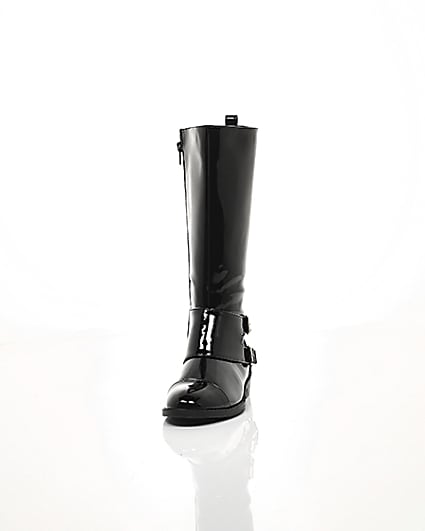 360 degree animation of product Girls black buckle patent knee high boots frame-3