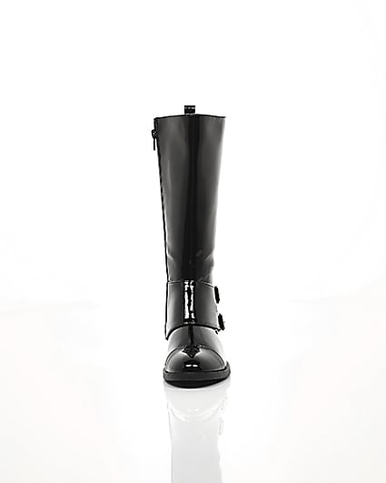 360 degree animation of product Girls black buckle patent knee high boots frame-4